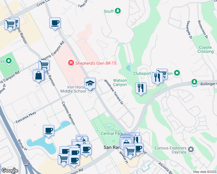 map of restaurants, bars, coffee shops, grocery stores, and more near 175 Woodview Terrace Drive in San Ramon