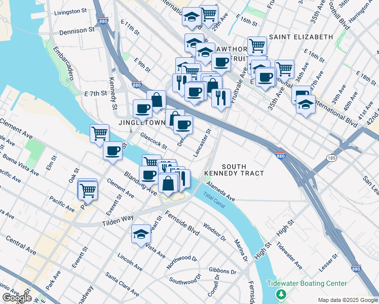 map of restaurants, bars, coffee shops, grocery stores, and more near 3090 Glascock Street in Oakland