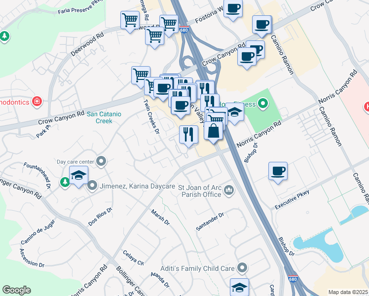 map of restaurants, bars, coffee shops, grocery stores, and more near 1000 Canyon Village Circle in San Ramon