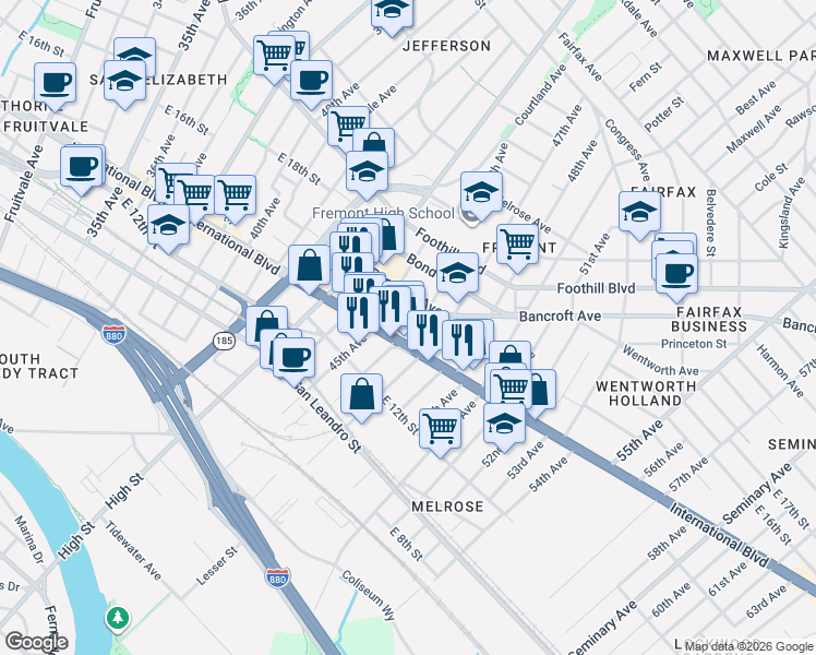 map of restaurants, bars, coffee shops, grocery stores, and more near 1421 46th Avenue in Oakland