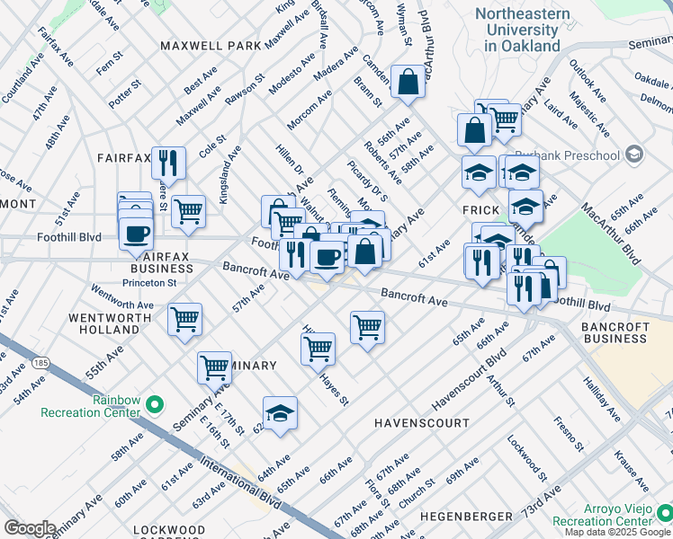 map of restaurants, bars, coffee shops, grocery stores, and more near 5833 Foothill Boulevard in Oakland