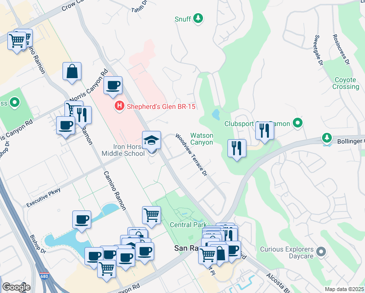 map of restaurants, bars, coffee shops, grocery stores, and more near 175 Woodview Terrace Drive in San Ramon