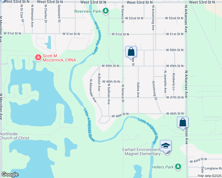 map of restaurants, bars, coffee shops, grocery stores, and more near 4840 North Sullivan Street in Wichita