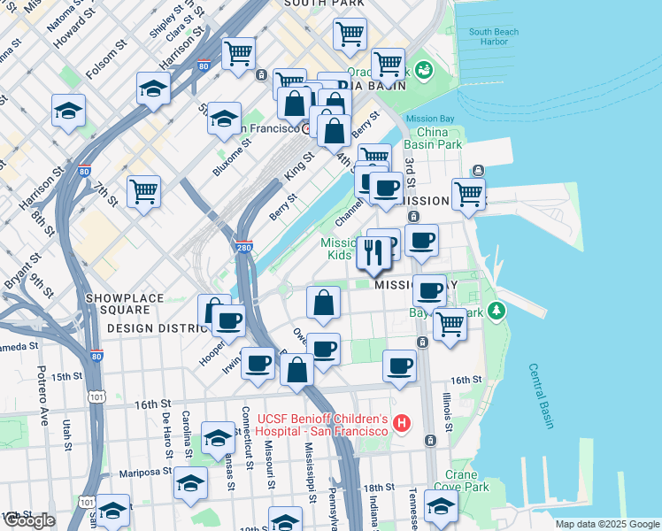 map of restaurants, bars, coffee shops, grocery stores, and more near 701 China Basin Street in San Francisco
