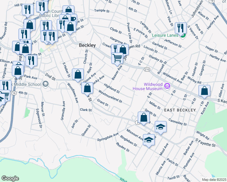 map of restaurants, bars, coffee shops, grocery stores, and more near 310 Highland St in Beckley