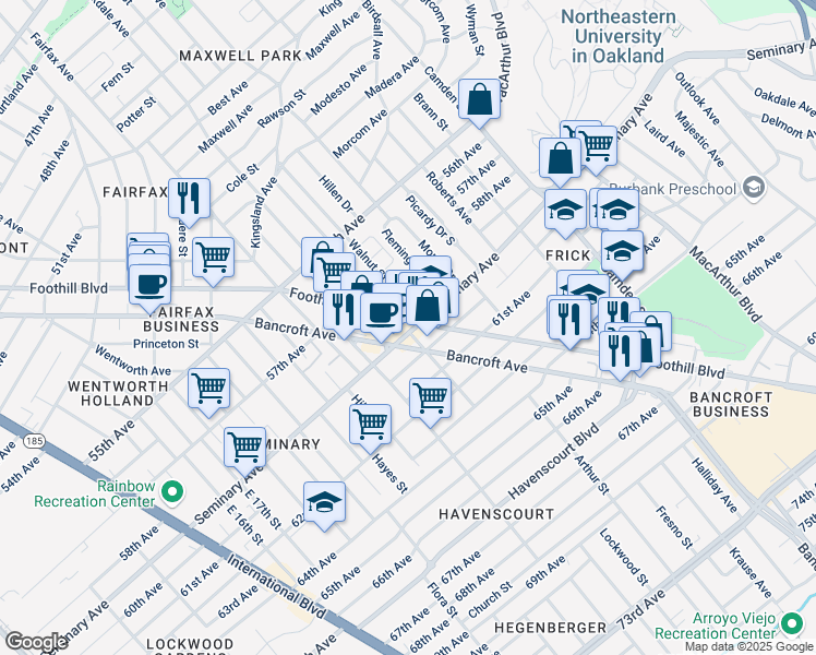 map of restaurants, bars, coffee shops, grocery stores, and more near 5833 Foothill Boulevard in Oakland