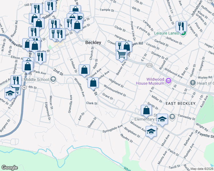 map of restaurants, bars, coffee shops, grocery stores, and more near 411 Westmoreland St in Beckley