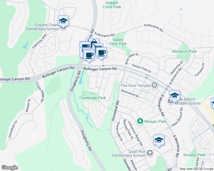 map of restaurants, bars, coffee shops, grocery stores, and more near 3027 Cedarwood Loop in San Ramon