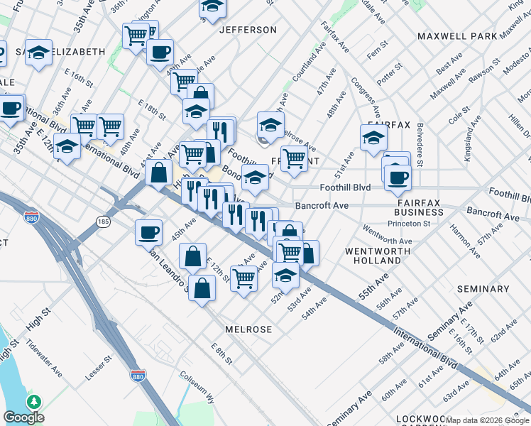 map of restaurants, bars, coffee shops, grocery stores, and more near 1622 Bancroft Way in Oakland
