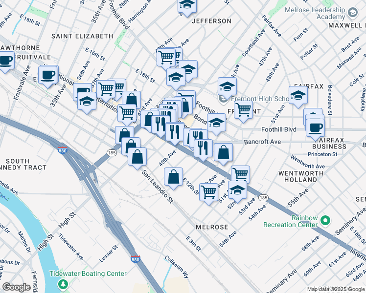 map of restaurants, bars, coffee shops, grocery stores, and more near 4510 International Boulevard in Oakland