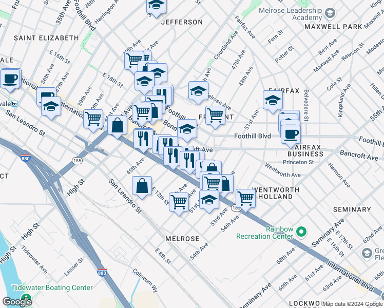 map of restaurants, bars, coffee shops, grocery stores, and more near 1507 48th Avenue in Oakland