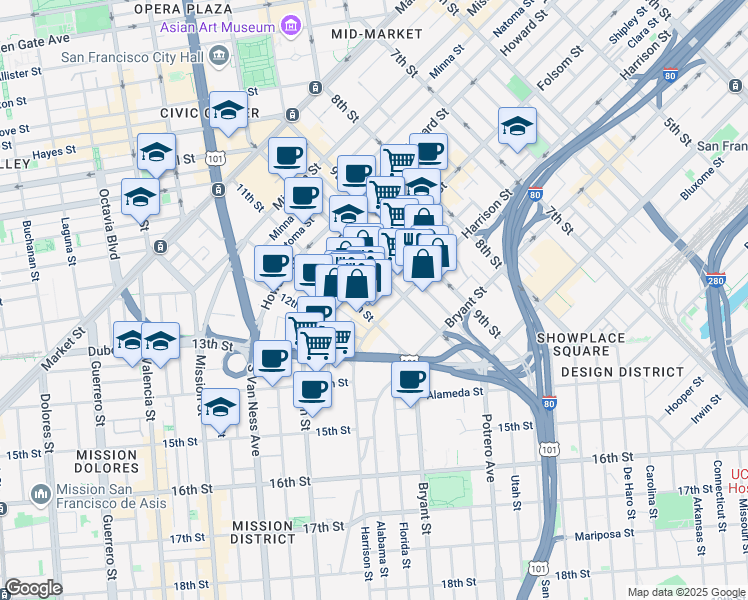 map of restaurants, bars, coffee shops, grocery stores, and more near 1420 Harrison Street in San Francisco