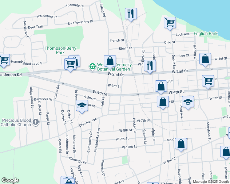 map of restaurants, bars, coffee shops, grocery stores, and more near 2420 West 3rd Street in Owensboro