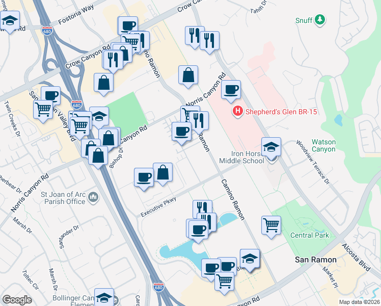 map of restaurants, bars, coffee shops, grocery stores, and more near 2420 Camino Ramon in San Ramon