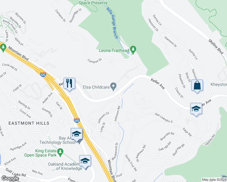 map of restaurants, bars, coffee shops, grocery stores, and more near 480 Canyon Oaks Drive in Oakland