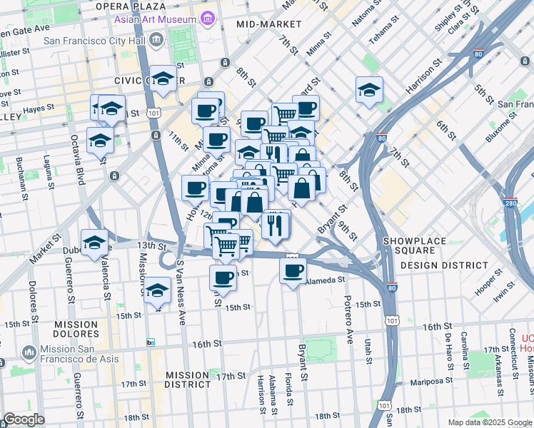 map of restaurants, bars, coffee shops, grocery stores, and more near 1420 Harrison Street in San Francisco