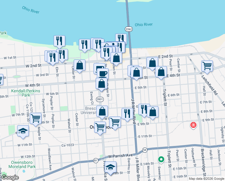 map of restaurants, bars, coffee shops, grocery stores, and more near in Owensboro