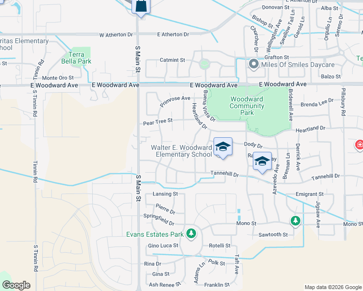 map of restaurants, bars, coffee shops, grocery stores, and more near 2073 South Sanctuary Place in Manteca