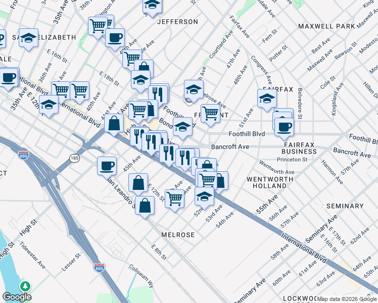 map of restaurants, bars, coffee shops, grocery stores, and more near 1519 48th Avenue in Oakland