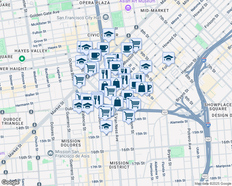 map of restaurants, bars, coffee shops, grocery stores, and more near 139 South Van Ness Avenue in San Francisco