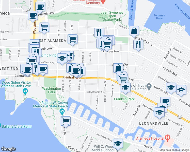 map of restaurants, bars, coffee shops, grocery stores, and more near 1035 Central Avenue in Alameda