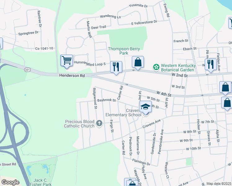 map of restaurants, bars, coffee shops, grocery stores, and more near 3107 Ridgewood Street in Owensboro