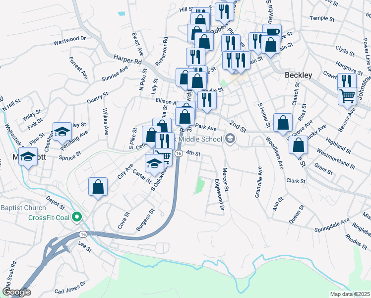 map of restaurants, bars, coffee shops, grocery stores, and more near 105 4th St in Beckley