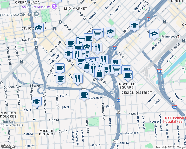 map of restaurants, bars, coffee shops, grocery stores, and more near 480 9th Street in San Francisco