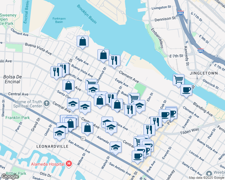 map of restaurants, bars, coffee shops, grocery stores, and more near 2050 Buena Vista Avenue in Alameda
