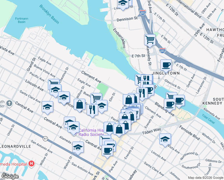 map of restaurants, bars, coffee shops, grocery stores, and more near 2210 Clement Avenue in Alameda