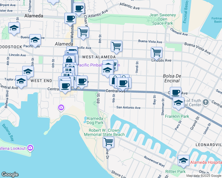map of restaurants, bars, coffee shops, grocery stores, and more near 845 Central Avenue in Alameda