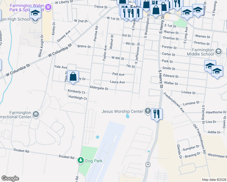 map of restaurants, bars, coffee shops, grocery stores, and more near 304 Aldergate Street in Farmington
