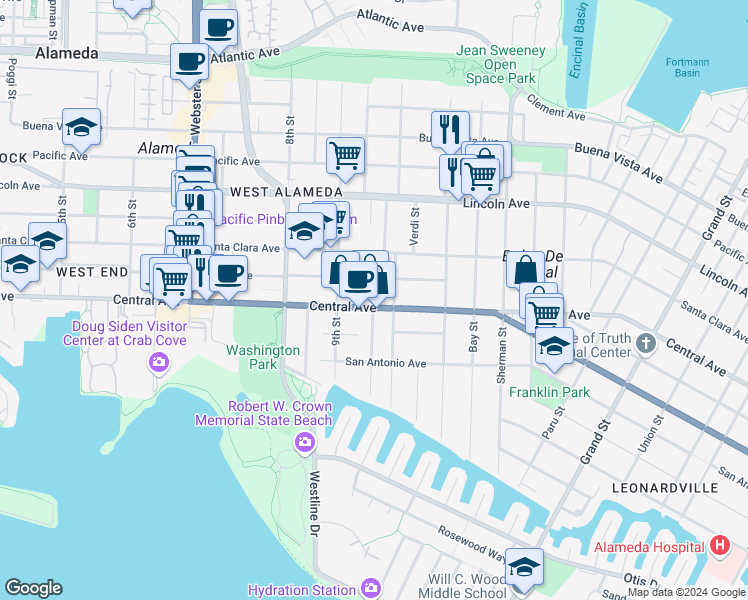 map of restaurants, bars, coffee shops, grocery stores, and more near 935 Central Avenue in Alameda