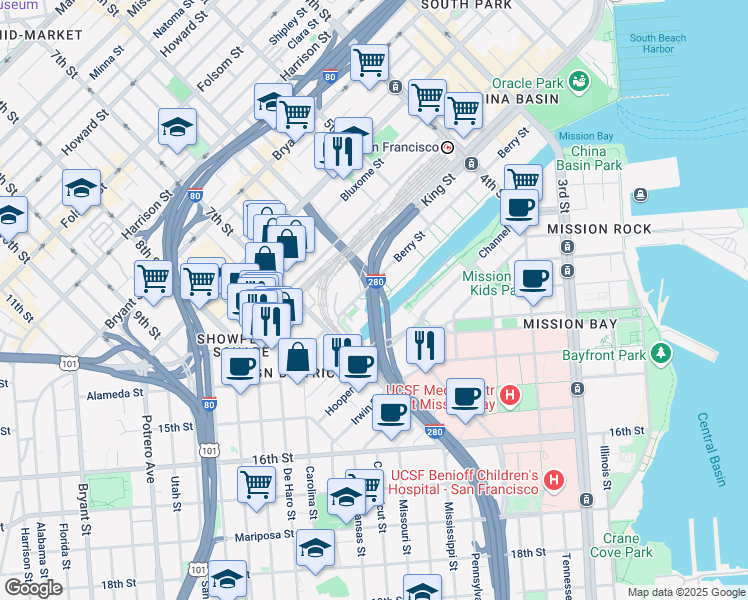 map of restaurants, bars, coffee shops, grocery stores, and more near 401 Berry St in San Francisco