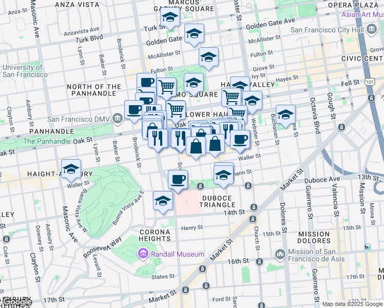 map of restaurants, bars, coffee shops, grocery stores, and more near 747 Haight Street in San Francisco