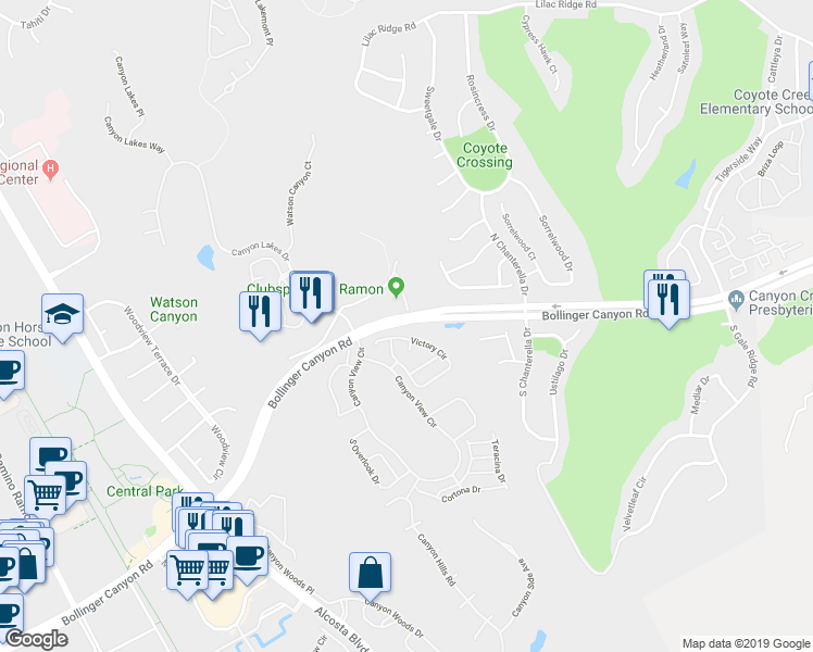 map of restaurants, bars, coffee shops, grocery stores, and more near 383 Eastridge Drive in San Ramon