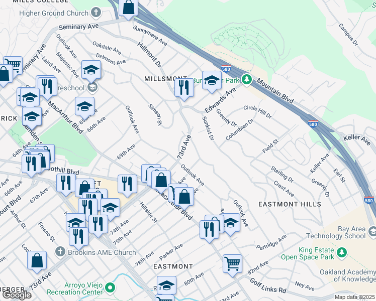 map of restaurants, bars, coffee shops, grocery stores, and more near 3048 73rd Avenue in Oakland