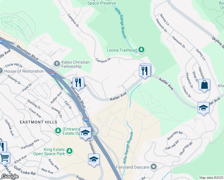 map of restaurants, bars, coffee shops, grocery stores, and more near 430 Canyon Oaks Drive in Oakland