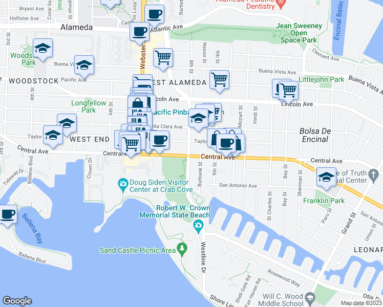 map of restaurants, bars, coffee shops, grocery stores, and more near 801 Central Avenue in Alameda