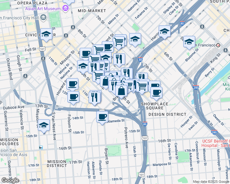 map of restaurants, bars, coffee shops, grocery stores, and more near 480 9th Street in San Francisco