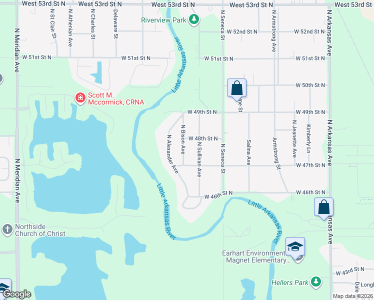 map of restaurants, bars, coffee shops, grocery stores, and more near 4836 Bison Street in Wichita