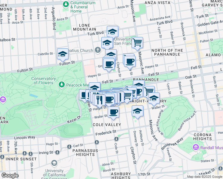 map of restaurants, bars, coffee shops, grocery stores, and more near 1798 Oak Street in San Francisco