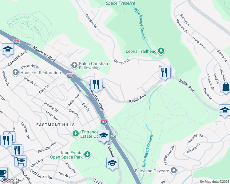 map of restaurants, bars, coffee shops, grocery stores, and more near 56 Siena Drive in Oakland