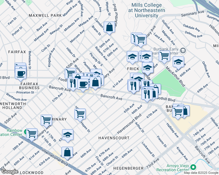 map of restaurants, bars, coffee shops, grocery stores, and more near 6006 Foothill Boulevard in Oakland