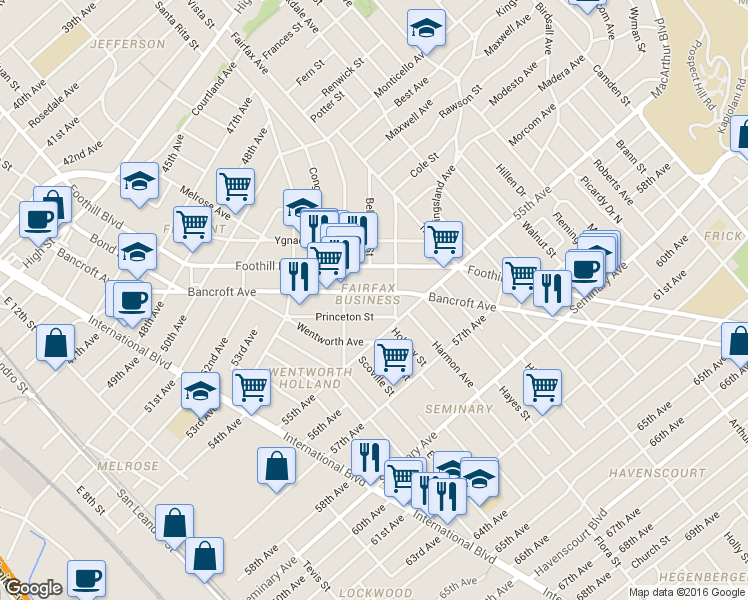 map of restaurants, bars, coffee shops, grocery stores, and more near in Oakland