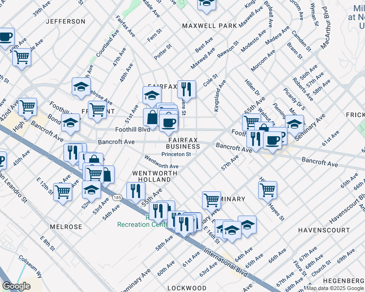 map of restaurants, bars, coffee shops, grocery stores, and more near 5407 Bancroft Avenue in Oakland