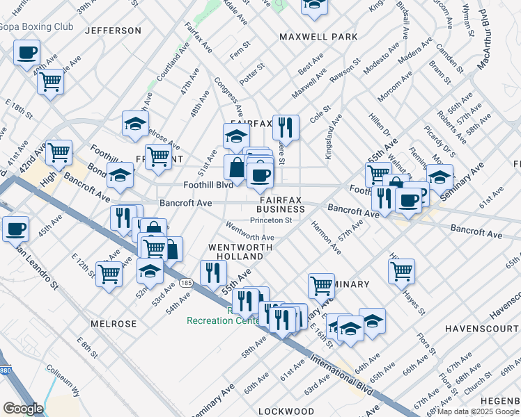 map of restaurants, bars, coffee shops, grocery stores, and more near 5407 Bancroft Avenue in Oakland