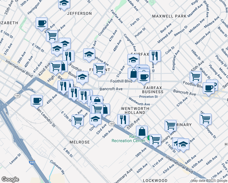 map of restaurants, bars, coffee shops, grocery stores, and more near 5133 Bancroft Avenue in Oakland