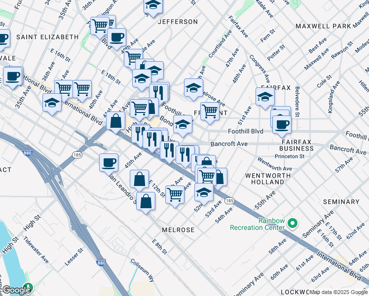 map of restaurants, bars, coffee shops, grocery stores, and more near 1606 47th Avenue in Oakland