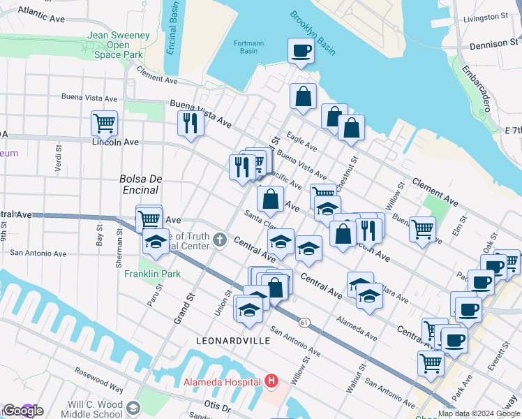 map of restaurants, bars, coffee shops, grocery stores, and more near 1511 Union Street in Alameda